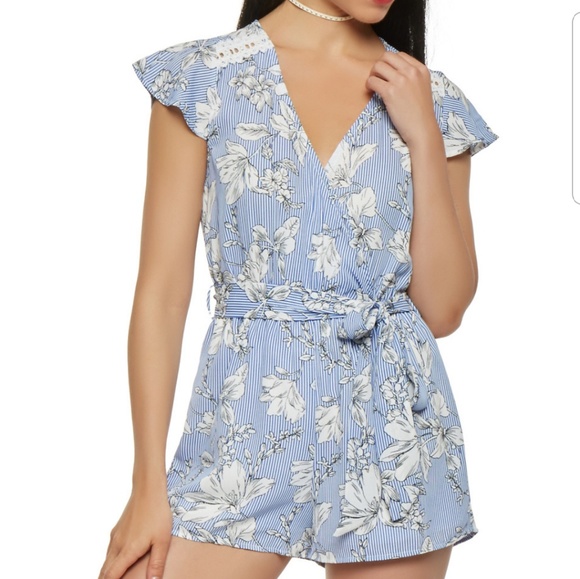 Pants - Striped floral flutter sleeve romper